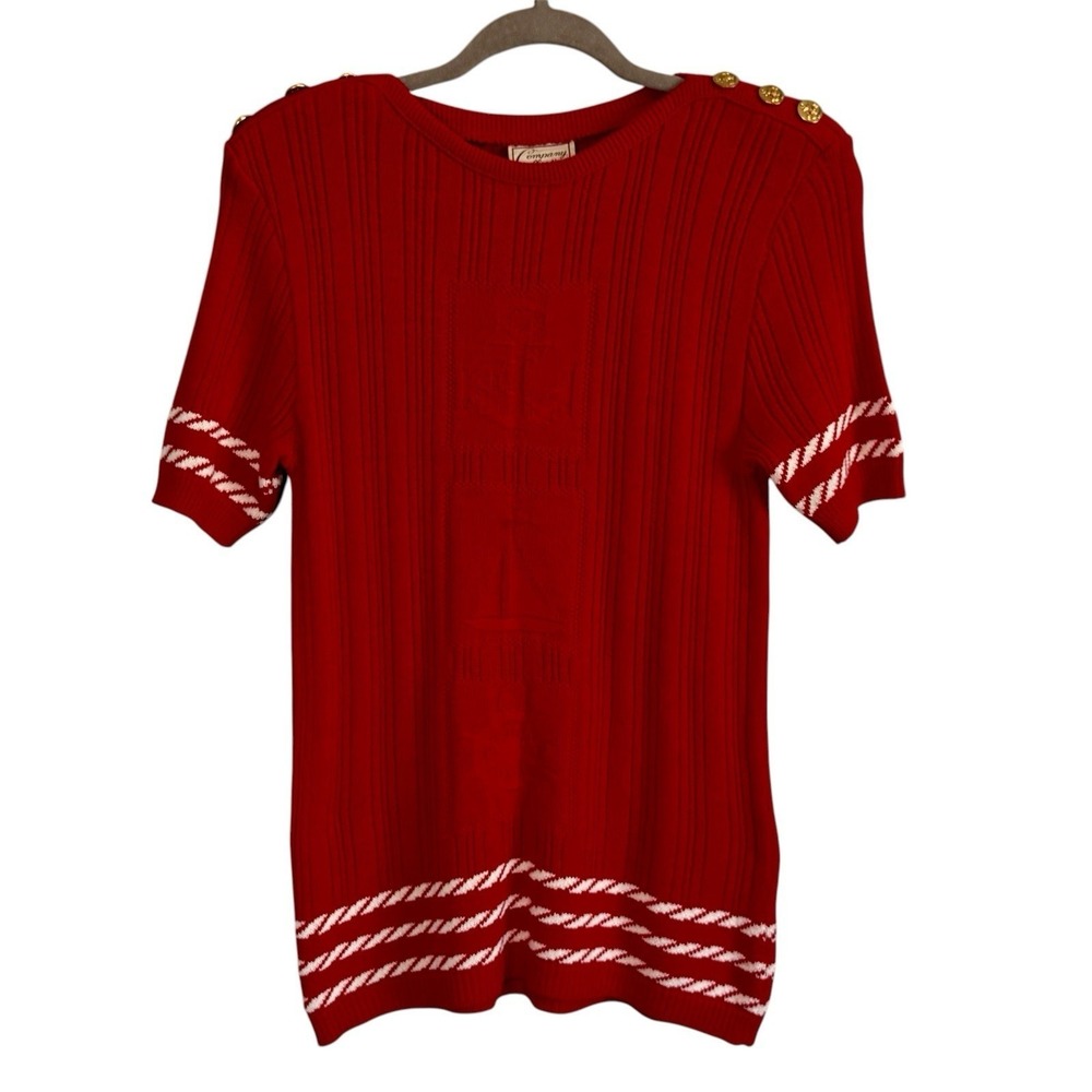Vintage Nautical Red Short Sleeved Sweater With Gold Buttons S